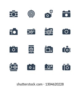 shoot icon set. Collection of 16 filled shoot icons included Camera, Photo camera, Dart board