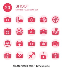 shoot icon set. Collection of 20 filled shoot icons included Camera, Dart board, Photo camera, Sagittarius