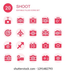 shoot icon set. Collection of 20 filled shoot icons included Photo camera, Camera, Dart board, Crossbow, Sagittarius