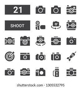 shoot icon set. Collection of 21 filled shoot icons included Camera, Quiver, Photo camera, Dart board