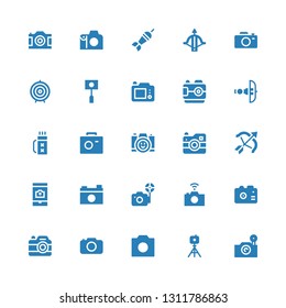 shoot icon set. Collection of 25 filled shoot icons included Photo camera, Tripod, Camera, Archery, Quiver, Crossbow, Dart board