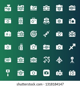 shoot icon set. Collection of 36 filled shoot icons included Camera, Photo camera, Tripod, Crossbow, Archery, Sagittarius, Quiver, Dart board