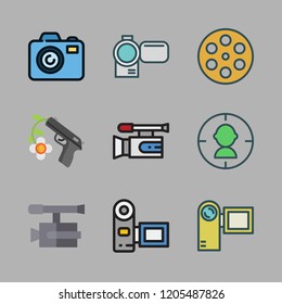 shoot icon set. vector set about film, camcorder, gun and photograph icons set.