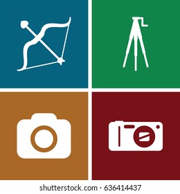 Shoot icons set. set of 4 shoot filled icons such as bow, camera