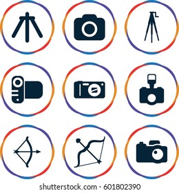 shoot icons set. Set of 9 shoot filled icons such as bow, camera