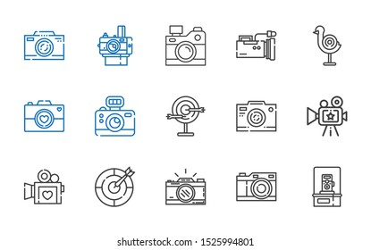 shoot icons set. Collection of shoot with photo camera, dart board, video camera, camera. Editable and scalable shoot icons.