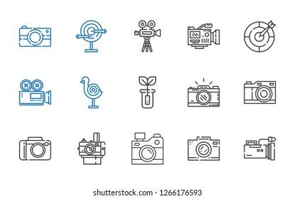 shoot icons set. Collection of shoot with video camera, photo camera, camera, sprout, dart board. Editable and scalable shoot icons.