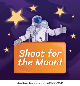 Shoot for Moon social media post mockup. Motivational phrase. Web banner design template. Cosmonaut with banner booster, content layout with inscription. Poster, print ads and flat illustration