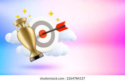 Shoot on goal concept. Target, dart and golden trophy. 3d vector banner with copy space