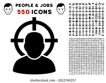 Shoot Person pictograph with 550 bonus pity and happy jobs icons. Vector illustration style is flat black iconic symbols.