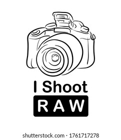 I Shoot RAW, a hand drawn vector line art of a digital mirrorless camera with I Shoot RAW caption
