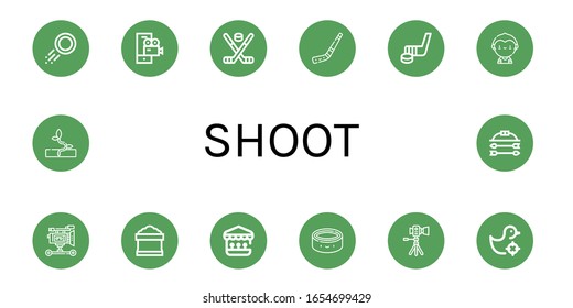 shoot simple icons set. Contains such icons as Puck, Video camera, Hockey stick, Soccer player, Film camera, Potting soil, Shooting gallery, can be used for web, mobile and logo