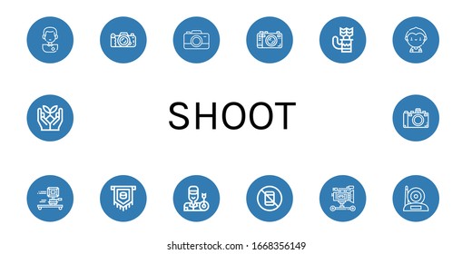 shoot simple icons set. Contains such icons as Soccer player, Camera, Quiver, Puck, Archer, No pictures, Film camera, Sprout, can be used for web, mobile and logo