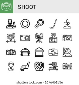 shoot simple icons set. Contains such icons as Puck, Archer, Hockey stick, Sprout, Film camera, Compact camera, Camera, Bow and arrow, Potting soil, can be used for web, mobile and logo