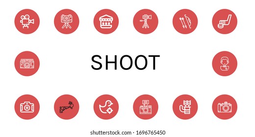 dispara iconos simples. Contiene iconos como cámara de película, cámara, galería de fotos, Archer, palo de hockey, arma, Quiver, reproductor de fútbol, puede ser usado para web, móvil y logotipo