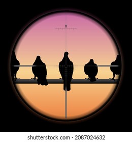 Shooter aiming rifle scopes while the birds enjoy a view at sunset, vector illustration
