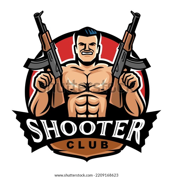Shooter club emblem. Muscular man with\
machine guns. Cartoon vector\
illustration