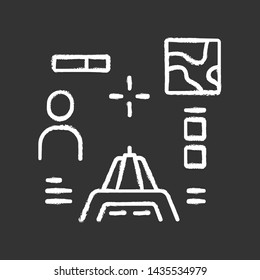 Shooter from first person chalk icon. Virtual video game. Online multiplayer. Battle royale. Cybersport, esport competition. Computer game interface. Isolated vector chalkboard illustration