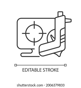 Lineares Symbol für Shooter-Spiel. Aktionsbasiertes Genre konzentrierte sich darauf, Feinde mit Waffen zu besiegen. Dünne, anpassbare Illustration. Contour-Symbol. Vektor-einzelne Rahmenzeichnung. Bearbeitbarer Hub