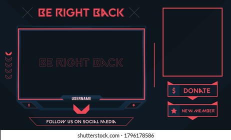 Shooter Game Minimalist Geometrical Design, Stream Be Right Back Background Orange and Black theme with Panel and Alerts, Vector Illustration