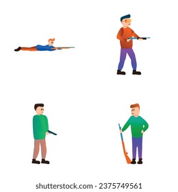 Shooter-Symbole setzen Cartoon-Vektorgrafik. Erwachsener mit Pistole. Sportwettkampf, Sportkonzept