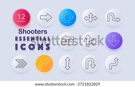 Shooters set icon. Arrows in all directions, straight, turn, loop, u-turn, curve, sharp angle, navigation lines displayed in outlined directional style.
