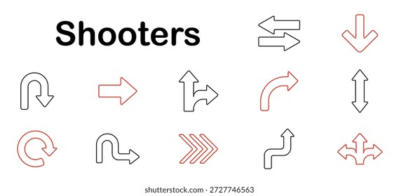Atiradores definir ícone. Setas, direção, curva em u, curva, recarga, navegação, caminho, ponteiro, rotação, rota, indicador, curva, movimento, sinal, deslocamento, caminho.