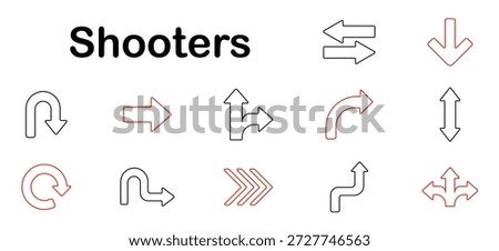 Shooters set icon. Arrows, direction, u-turn, curve, reload, navigation, path, pointer, rotation, route, indicator, turn, motion, signal, shift, way.