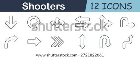 Shooters set icon. Directional arrows pointing up, down, left, right, diagonal, curved, and rotating styles shown with clean outlined navigation indicators.