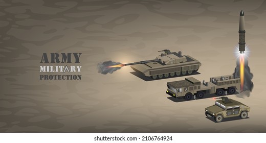Shooting 3d military heavy equipment. A tank, a self-propelled rocket launcher and an off-road vehicle armed with a machine gun. Army camouflage desert poster