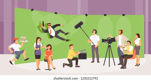 Shooting action movie. People film crew makes a film in the studio. Vector illustration