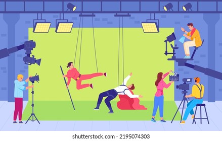 Shooting action scene. Cinema shoot of actor stunt, movie director film crew production equipment camera chromakey in studio backstage location stage, swanky vector illustration of movie action