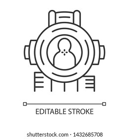 Shooting aim linear icon. Shooter from first person. Killer target. Sniper aim, gun crosshair. Rifle, firearm target, focus. Thin line illustration. Vector isolated outline drawing. Editable stroke