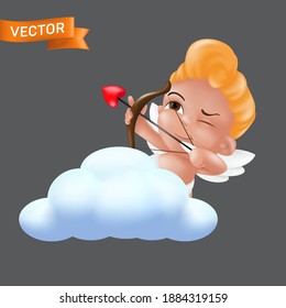 Shooting and aiming with a bow and arrow little cupid character. Vector illustration of a baby cherub mascot in a diaper sticking out of the cloud isolated on a grey background