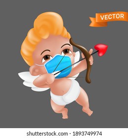 Shooting and aiming little cupid character with a bow and a heart shaped arrow. Vector illustration of a baby cherub mascot wearing a protective face mask and a diaper isolated on a grey background