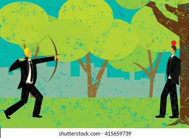 Shooting an apple on the head of a business man
A risk taker attempting to shoot the apple on a man's head with a bow and arrow. 