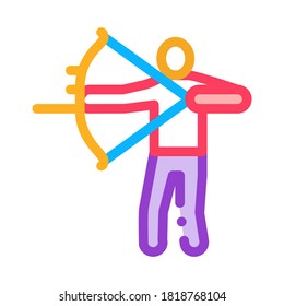 Shooting Archer Silhouette Icon Thin Line Vector. Archer Standing With Bow And Arrow Ready For Shoot Color Symbol Illustration