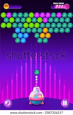 Shooting Ball game UI. Full Game Colorful Cartoon User Interface Design GUI in bridge colors