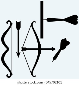 Shooting with a bow, target and arrows. Isolated on blue background. Vector silhouettes