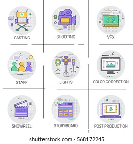 Grabación de imágenes de la industria de producción de películas de cámara Icono de conjunto de imágenes vectoriales