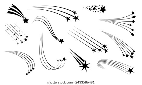 Shooting Christmas starburst stars with trails or space meteors and asteroids, vector icons. Shooting stars, comet tails or fireworks sparks and sparkler starburst with trails for Christmas holiday