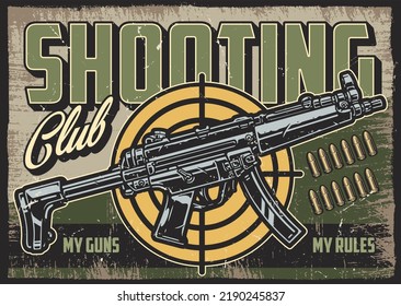 Shooting Club Element Colorful Vintage Cockshot And Submachine Gun HK MP5 Training In Use Military Rapid Fire Weapons Vector Illustration