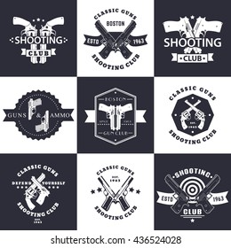 Shooting Club, Guns and Ammo vintage emblems, signs with crossed revolvers, guns, pistols, logo with handguns, vector illustration