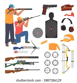 Shooting club and range weapons and accessories, flat vector isolated illustration. Target, rifle, pistol, bullet, archery crossbow, earmuff, gun accessories such as sling, holster. Shooting sport.