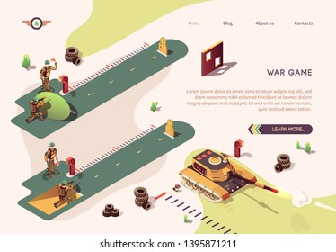 Shooting Competition in War Game Isometric Text Banner. Vector Shooter Action Illustration with Firing Butts. Soldier SWAT, Officer, Sniper from Special Operation Unit. Tank Firing Operation