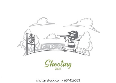 Shooting concept. Hand drawn man firing at target in indoor shooting range. isolated vector illustration.
