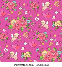 Shooting Cupid among flowers on a pink background. Seamless pattern for Valentine's day