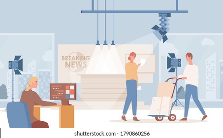 Shooting Of Daily Breaking News Vector Flat Illustration. Announcer Or Speaker Reading Breaking News, Operator Preparing Camera And Editor Looking News In Internet And Writing Program Schedule.