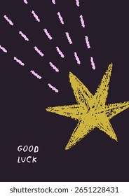 Shooting falling star for wish, card design. Hand-drawn doodle sparkle, magic dream twinkle in night sky, space, hope and miracle symbol on Good Luck poster, postcard. Flat vector illustration