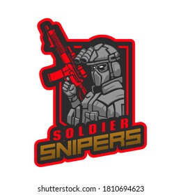Shooting mit einem Sniper-Mascot-Gaming-Logo, Maskottlogo für Umarmungen und T-Shirts Print on Demand, Premium-Logo für Gaming-Marken 